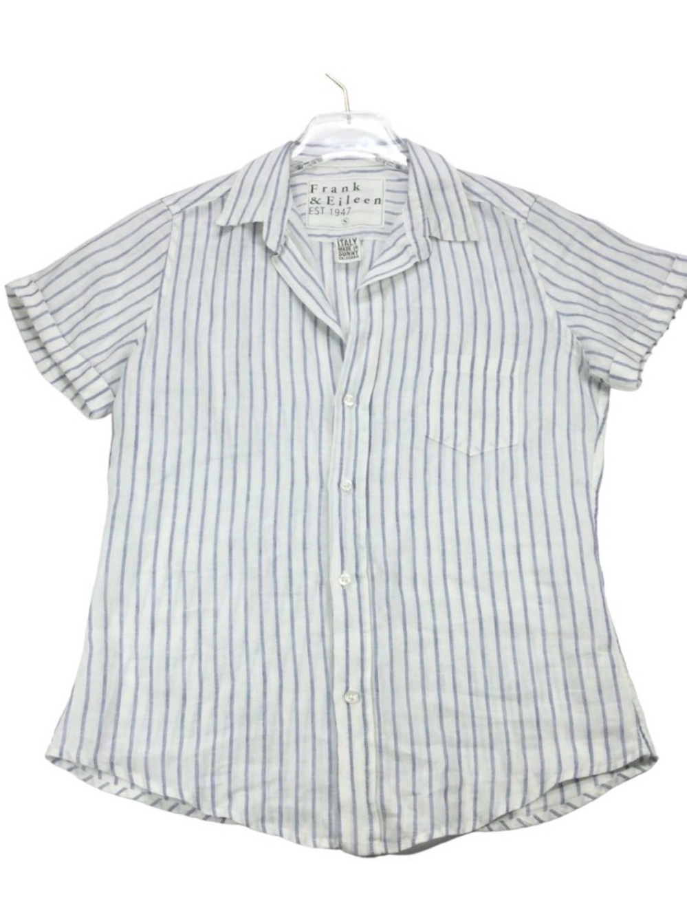 Frank & Eileen Short Sleeve Blue-Striped Linen Shirt S
